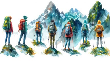 Adventure Seekers: Vector Illustrations of Young Tourists Enjoying Scenic Views and Exploring New Horizons in the Great Outdoors