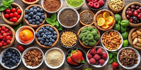 Assorted superfoods in small bowls surrounded by fresh fruits and nuts