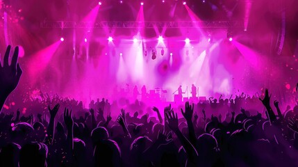 Crowd cheering at a concert with pink lights.