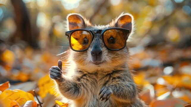 Cheerful Quokka with Sunglasses Giving Thumbs Up, Close Up Shot, Red Scarf, Modern Design, Get Well Soon Card, Pharmacy Cartoon