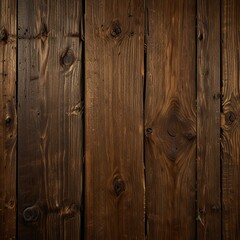 Fototapeta premium Close-up view of dark-stained wood planks with rich grain patterns and knots, exuding natural rustic charm.