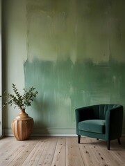 Worn effect wall in pastel green and deep green in a modern living room with light wooden floor and large window