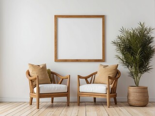 Two Wooden Armchairs with Cushions and a Plant in a Basket Against a White Wall