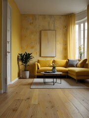 Worn effect wall in pastel yellow and deep yellow in a modern living room with light wooden floor and large window