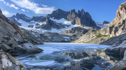 Obraz premium Glacial Serenity. Majestic glacier surrounded by rugged mountains, deep blue ice, and a clear, cold...