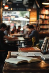 Obraz premium A student studying in a bustling café near their overseas university, with their textbooks and notes spread out, Generative AI