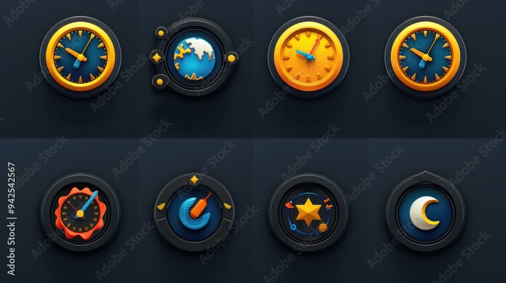 Sticker Colorful Clock Icons Set.