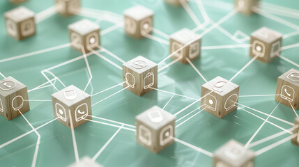 Abstract network of interconnected wooden blocks with digital icons on green background