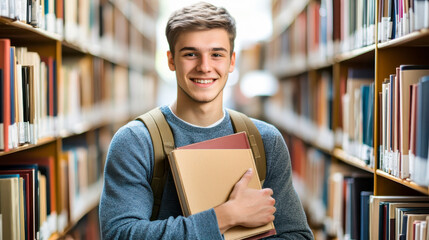 Smiling student guy posing in campus library. Higher institution learner, education, knowledge concept.