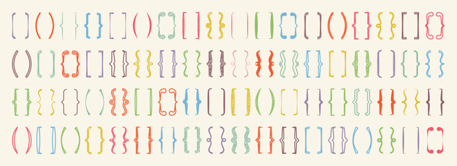 Shaded text brackets, colorful quotation box. Curly, square and corner parentheses. Vintage typographical symbol, calligraphic quote frame. Doodle, lettering element. Vector illustration