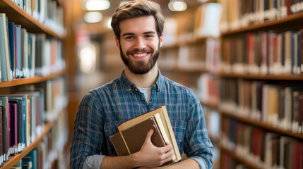 Smiling student guy posing in campus library. Higher institution learner, education, knowledge concept.