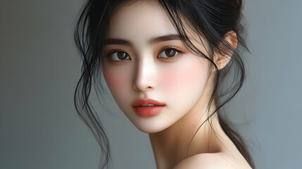 Fototapeta premium Close-up portrait of a young woman with long black hair and natural makeup.
