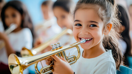 Young students practicing music instruments in a band class, showcasing the value of music education