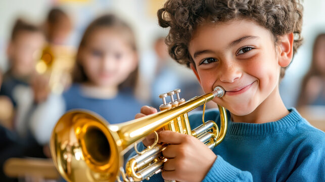 Young students practicing music instruments in a band class, showcasing the value of music education