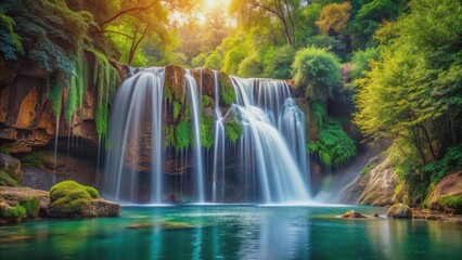 Fototapeta premium Enchanting and picturesque waterfall , fantasy, beautiful, nature, water, cascade, serene, tranquil, scenic, landscape