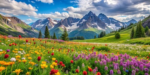 Fototapeta premium Beautiful alpine meadow filled with colorful wildflowers, set against majestic mountain peaks in the summer