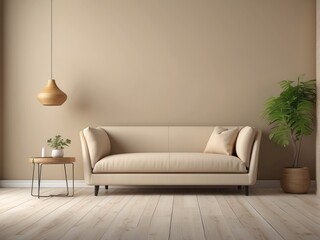 Minimalist Living Room with Beige Sofa, Wooden Lamp, and Plant
