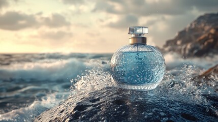 A high-quality 3D render of a perfume glass bottle on a rocky coastline, with crashing waves and a cloudy sky in the background. The bottle is positioned on a large rock, glistening with water