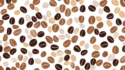 Obraz premium Seamless pattern of various coffee beans in shades of brown and beige isolated on white. Perfect for coffee-themed designs and backgrounds.