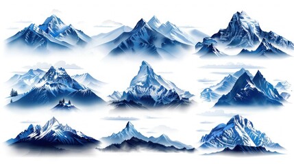 Mountain Shapes Icon Collection: Vector Flat Illustration in Line Art Design on White Background - Isolated