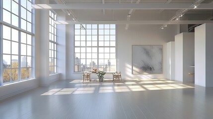 Fototapeta premium Loft Featuring Large Windows, White Walls, and a Blank Canvas: Perfect for Design Presentations