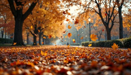 Colorful Autumn Leaves Falling Gracefully in Peaceful Park Setting, Golden Hour Tranquility