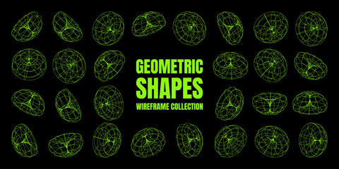 Wireframe lined shapes. Perspective mesh, 3d grid. Low poly geometric elements. Retro futuristic design elements, y2k, vaporwave and synthwave style. Vector illustration