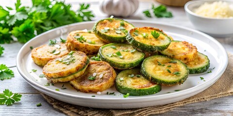 Crispy fried zucchini rounds sprinkled with fresh parsley and sea salt on a white plate