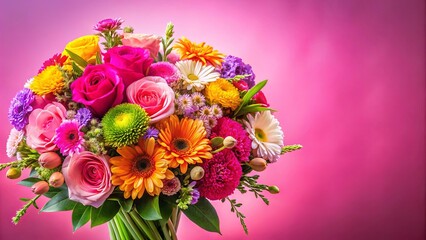 Vibrant floral bouquet featuring bright blossoms against a pink background