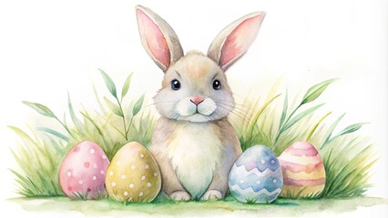 Watercolor bunny with Easter eggs in pastel colors, perfect for nursery art and spring decor