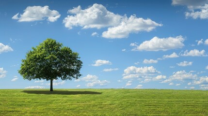 Obraz premium Lone Tree in a Green Field Under a Blue Sky.