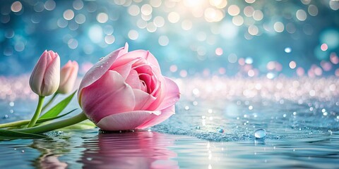 Pink rose and delicate tulips immersed in water with shimmering droplets creating a serene and enchanting image