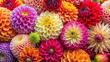 Vibrant dahlia blooms in various shapes and colors form a beautiful floral arrangement