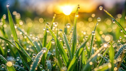 Fototapeta premium Dew on grass blades glistening in the morning sun, fresh weather, nature awakening