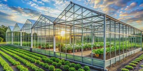 Glass greenhouse with rows of thriving vegetable plants inside, greenhouse, glass, vegetables
