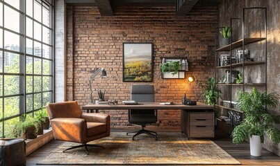 Modern office interior in loft, industrial style, 3d render
