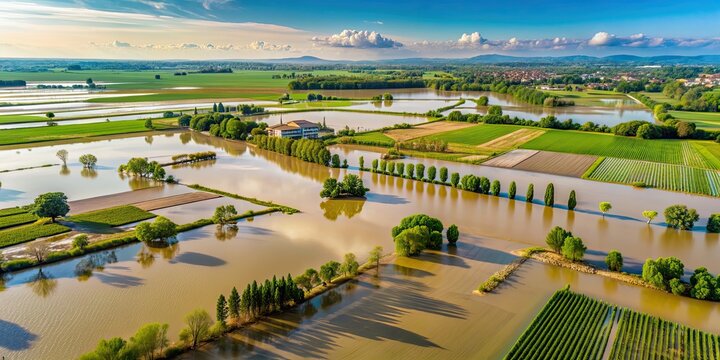 Flood waters covering farmlands in Emilia Romagna Italy , flooding, disaster, agriculture, devastation, climate change