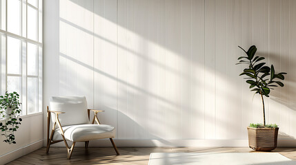 A minimalist living room with a white armchair, a potted plant, and a large window letting in natural light. The simple design creates a peaceful and serene atmosphere.