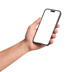 Hand showing smartphone with blank screen isolated on white background. Concepts for business finance, Concept technology, Concept product advertising and Concept marketing. Image high quality for you