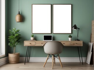 Minimalist Home Office with Green Wall and Wooden Desk