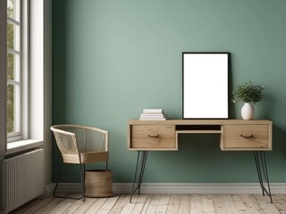 A Minimalist Home Office with a Green Wall, Wooden Desk, and a Wicker Chair