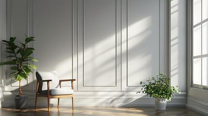 A bright and airy living room with a comfortable chair, potted plants, and large windows that let in natural light.