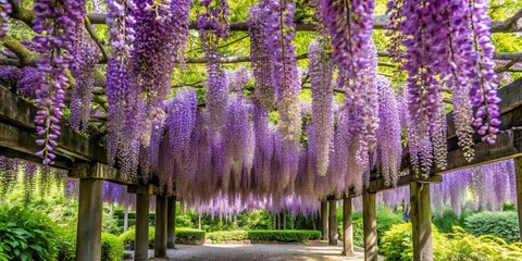 Beautiful wisteria blooms cascading over arbors and pergolas in shades of purple