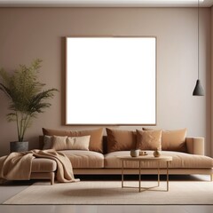 Minimalist Living Room with Beige Sofa and Blank Canvas