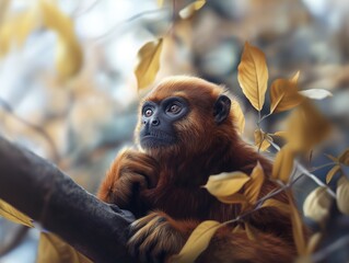Fototapeta premium Brown woolly monkey, Lagothrix lagotricha, gazing in the tropical forest