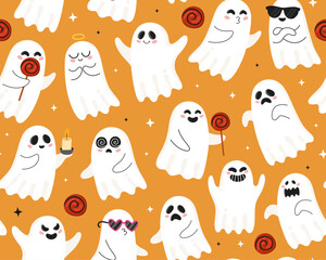 Halloween seamless pattern with cute cartoon ghosts. Halloween characters, candies, orange background. Design for wrapping paper, textile.