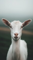 Obraz premium Close-Up Portrait of a White Goat in a Misty Green Field with Calm Atmosphere