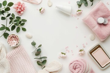 A flat lay of spa essentials featuring soft pink towels, green leaves, and delicate accessories, creating a calming, luxurious atmosphere.

