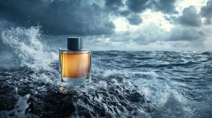 A high-quality 3D render of a perfume glass bottle on a rocky cliff overlooking a stormy sea. The...