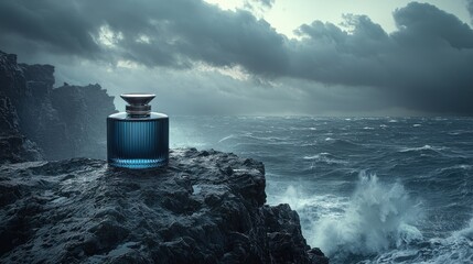 A high-quality 3D render of a perfume glass bottle on a rocky cliff overlooking a stormy sea. The...